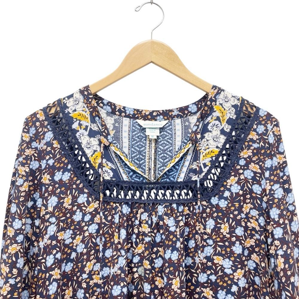Sundance Simona Dress Blue Multi Floral Balloon Sleeve Peasant Dress Size Medium - Picture 9 of 14